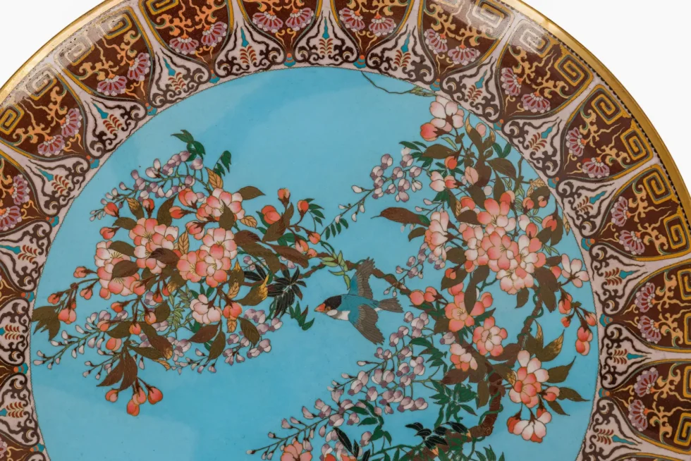 Exceptional Japanese Meiji Cloisonné Enamel Charger, Turquoise Ground, 18 Inches - Image 4