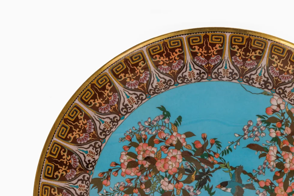 Exceptional Japanese Meiji Cloisonné Enamel Charger, Turquoise Ground, 18 Inches - Image 6