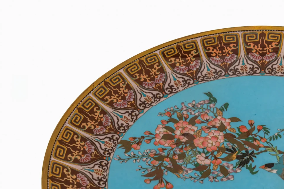 Exceptional Japanese Meiji Cloisonné Enamel Charger, Turquoise Ground, 18 Inches - Image 7