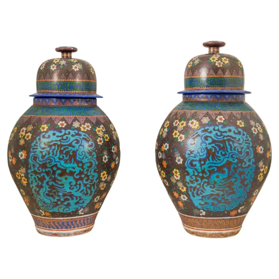 Monumental Pair of Japanese Cloisonné Porcelain Jars, Takeuchi Chubei, Meiji