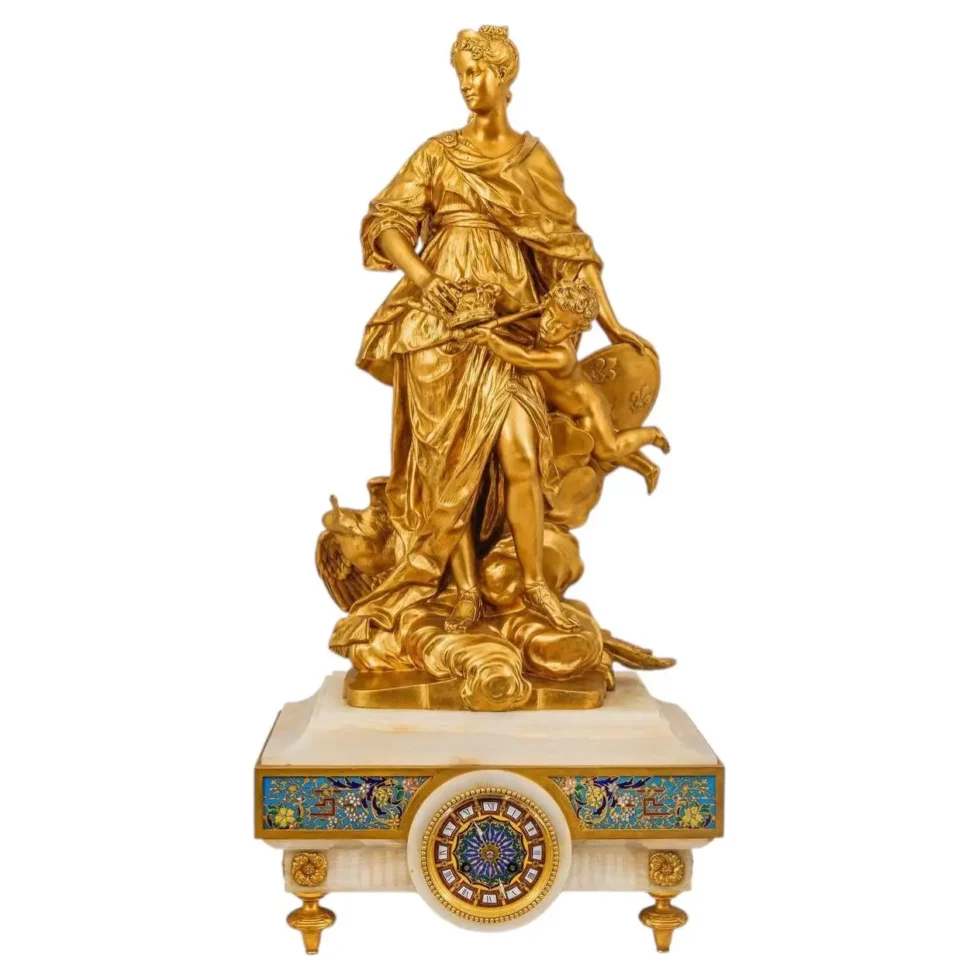 Monumental Barbedienne Ormolu, Onyx & Champlevé Enamel Figural Clock, 19th C.