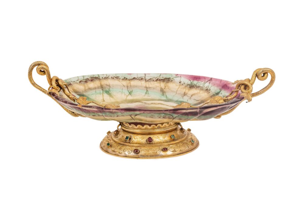 Exceptional French Renaissance Revival Jeweled Silver-Gilt Mounted Fluorite Dish - Image 2