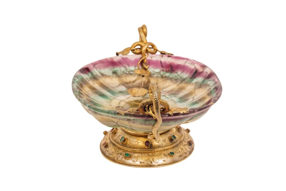 Exceptional French Renaissance Revival Jeweled Silver-Gilt Mounted Fluorite Dish - Image 3