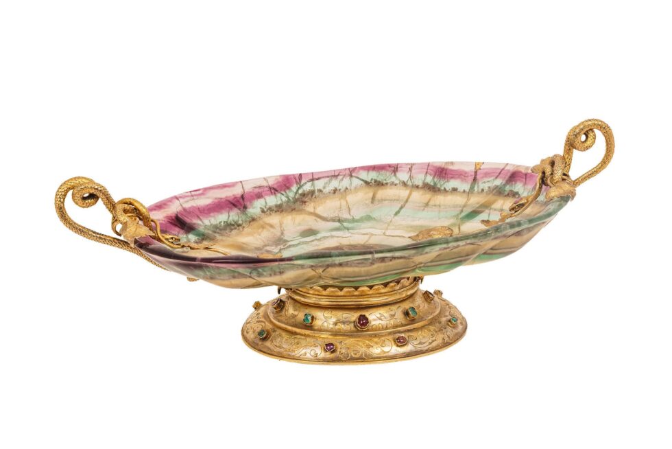 Exceptional French Renaissance Revival Jeweled Silver-Gilt Mounted Fluorite Dish - Image 4