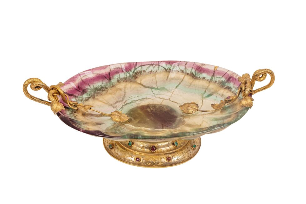 Exceptional French Renaissance Revival Jeweled Silver-Gilt Mounted Fluorite Dish - Image 6