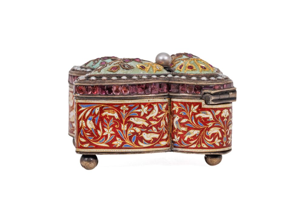 Rare Indian Mughal-Style Gold-Inlaid Silver, Enamel & Jeweled Box - Image 9