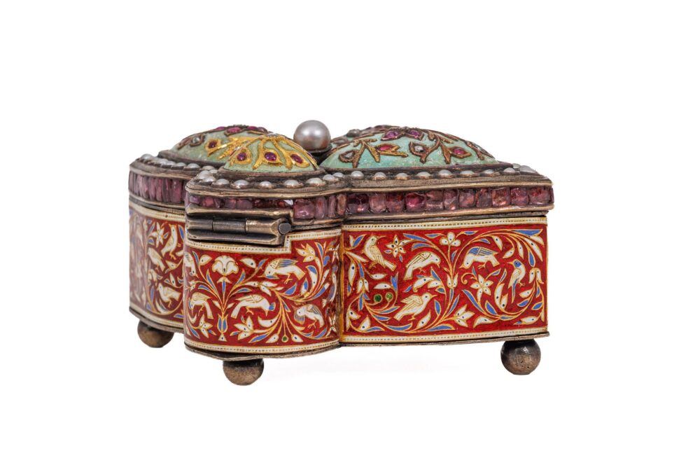 Rare Indian Mughal-Style Gold-Inlaid Silver, Enamel & Jeweled Box - Image 10