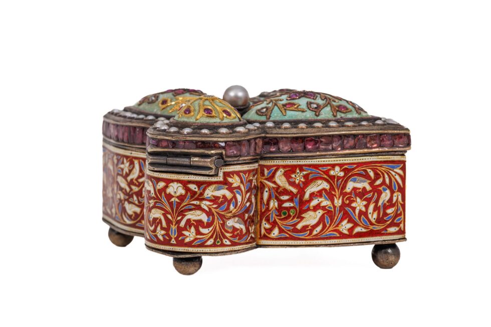 Rare Indian Mughal-Style Gold-Inlaid Silver, Enamel & Jeweled Box - Image 11