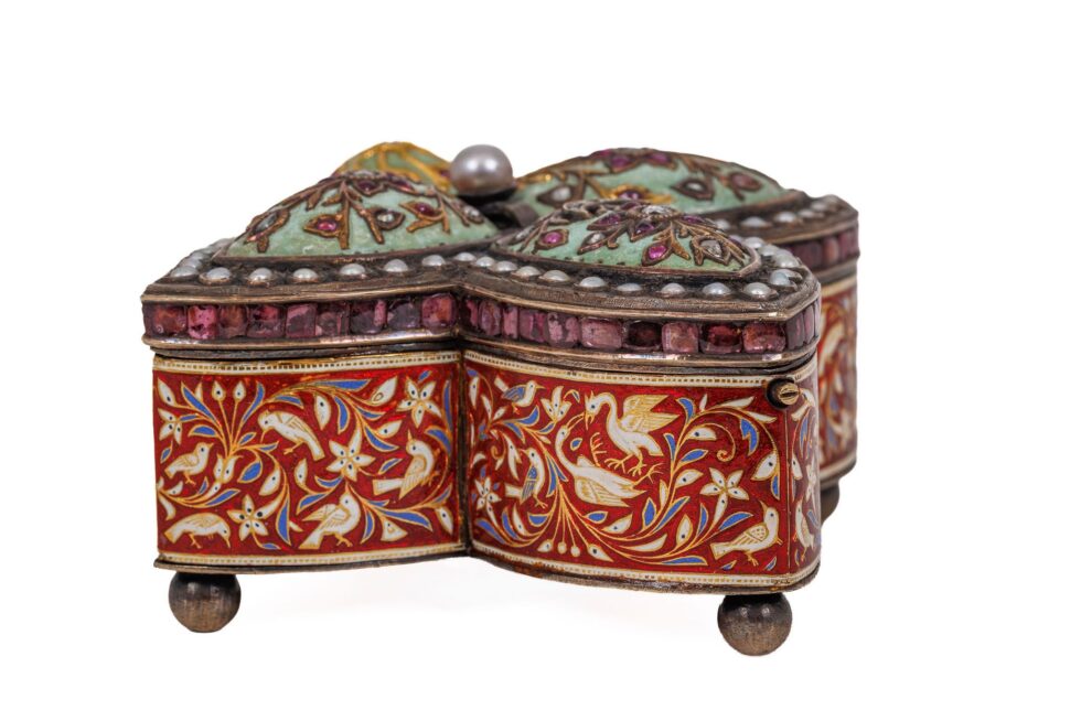 Rare Indian Mughal-Style Gold-Inlaid Silver, Enamel & Jeweled Box - Image 12