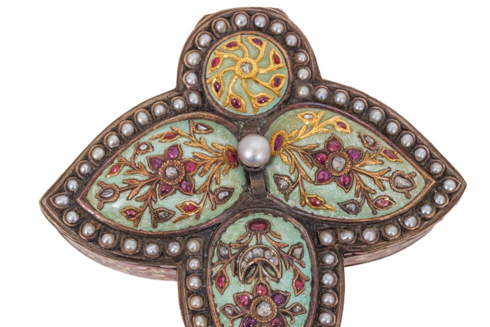 Rare Indian Mughal-Style Gold-Inlaid Silver, Enamel & Jeweled Box - Image 13