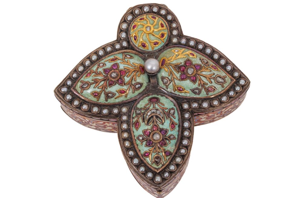 Rare Indian Mughal-Style Gold-Inlaid Silver, Enamel & Jeweled Box - Image 15
