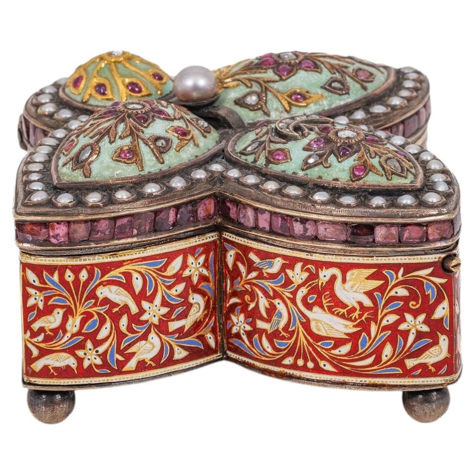 Rare Indian Mughal-Style Gold-Inlaid Silver, Enamel & Jeweled Box