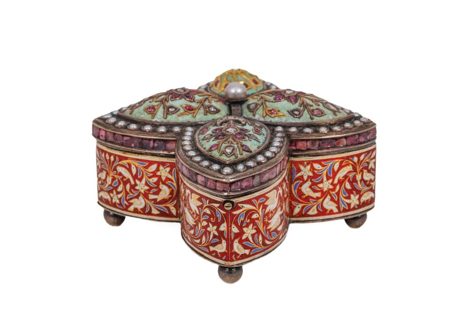 Rare Indian Mughal-Style Gold-Inlaid Silver, Enamel & Jeweled Box - Image 2