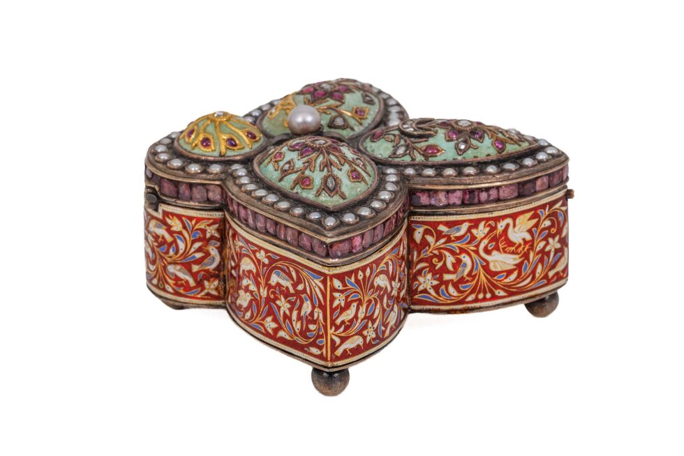 Rare Indian Mughal-Style Gold-Inlaid Silver, Enamel & Jeweled Box - Image 3