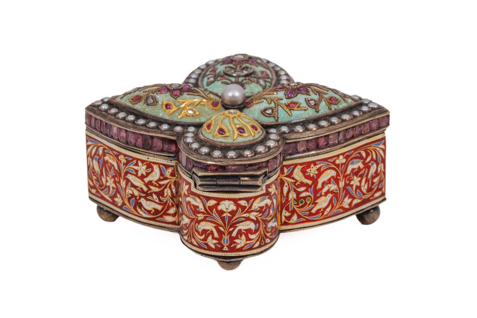 Rare Indian Mughal-Style Gold-Inlaid Silver, Enamel & Jeweled Box - Image 4