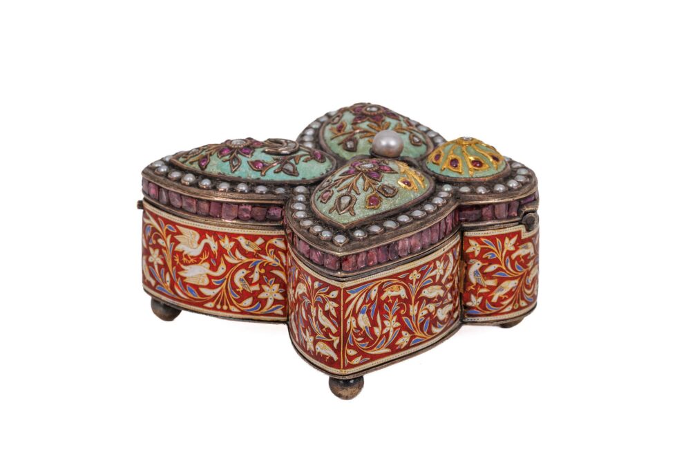 Rare Indian Mughal-Style Gold-Inlaid Silver, Enamel & Jeweled Box - Image 5
