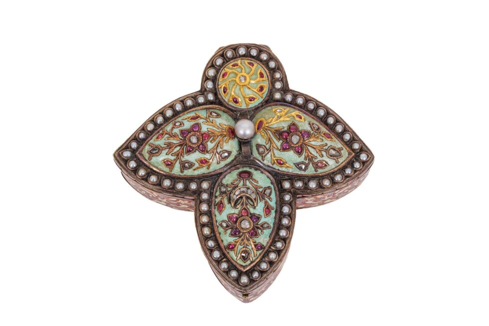 Rare Indian Mughal-Style Gold-Inlaid Silver, Enamel & Jeweled Box - Image 6
