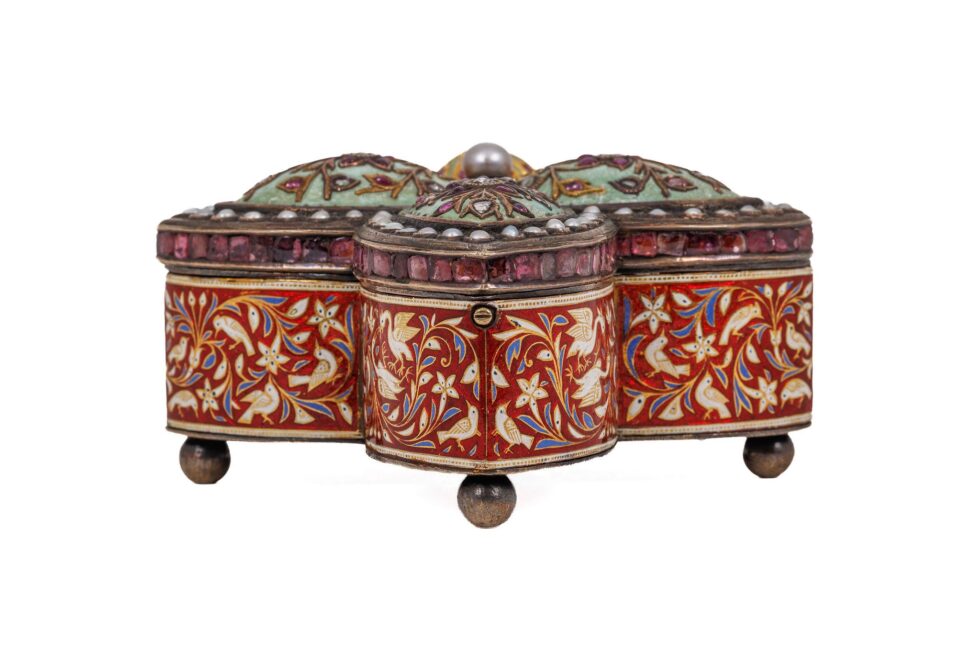 Rare Indian Mughal-Style Gold-Inlaid Silver, Enamel & Jeweled Box - Image 7