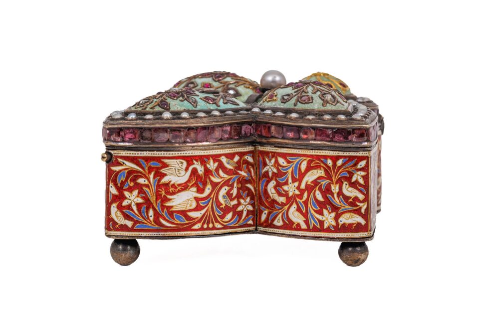 Rare Indian Mughal-Style Gold-Inlaid Silver, Enamel & Jeweled Box - Image 8