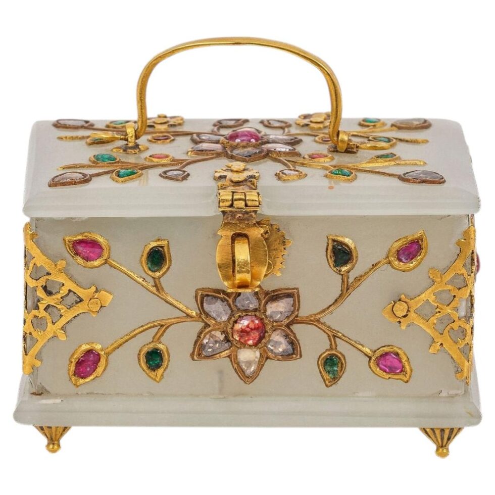 Rare Indian Mughal-Style White Jade Gold Diamond Ruby Emerald Jeweled Casket
