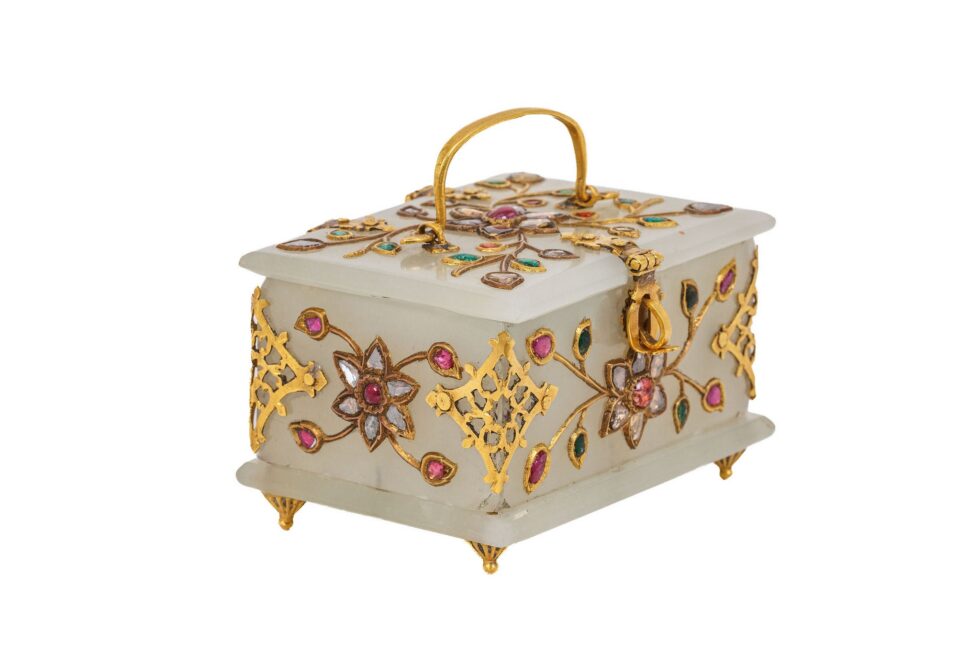 Rare Indian Mughal-Style White Jade Gold Diamond Ruby Emerald Jeweled Casket - Image 2
