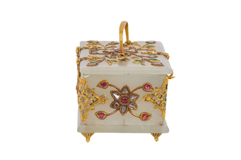 Rare Indian Mughal-Style White Jade Gold Diamond Ruby Emerald Jeweled Casket - Image 3