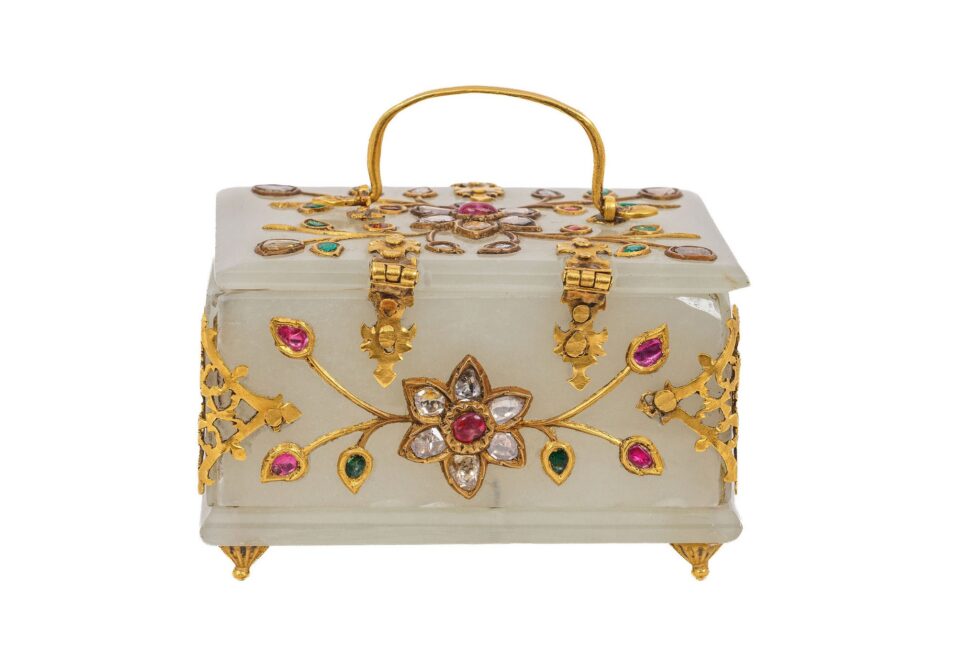 Rare Indian Mughal-Style White Jade Gold Diamond Ruby Emerald Jeweled Casket - Image 4