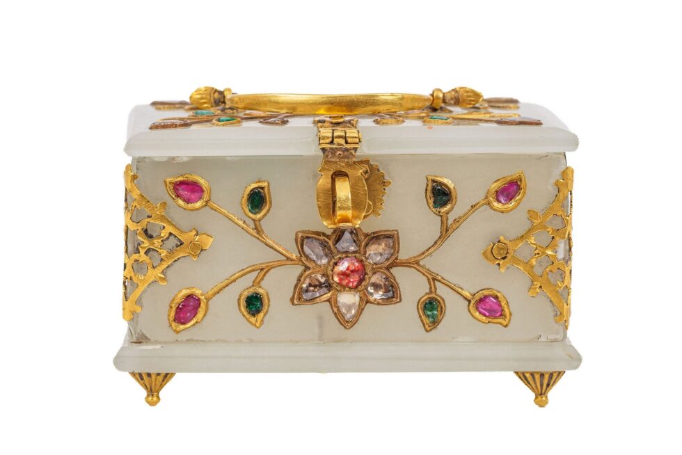 Rare Indian Mughal-Style White Jade Gold Diamond Ruby Emerald Jeweled Casket - Image 9